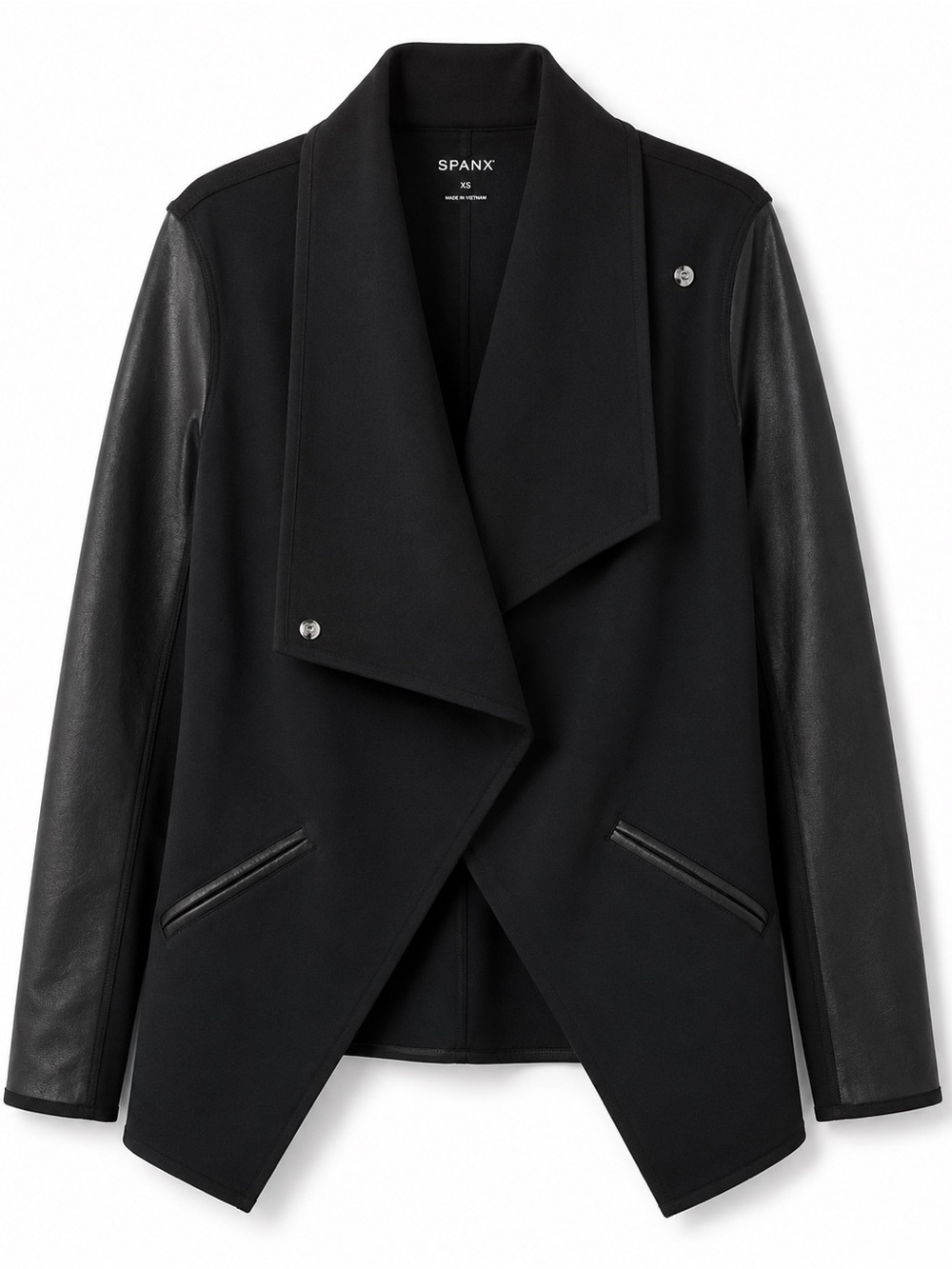 SPANX Drape Front Jacket XS Black Ponte Faux Leather Waterfall Moto 50176R